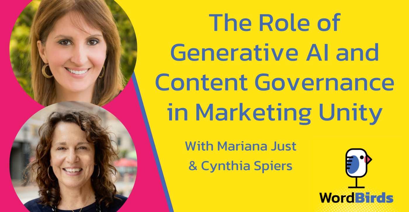 On the rights of the image, on a yellow background, the title "The Role of Generative AI and Content Governance in Marketing Unity" is written. On the left are two images. One at the top of Mariana Just and another on the bottom of Cynthia Spiers