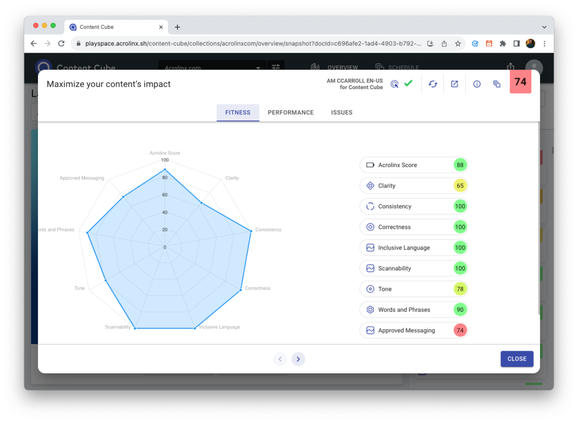 Image shows how Content Cube illustrates content quality per issue category.