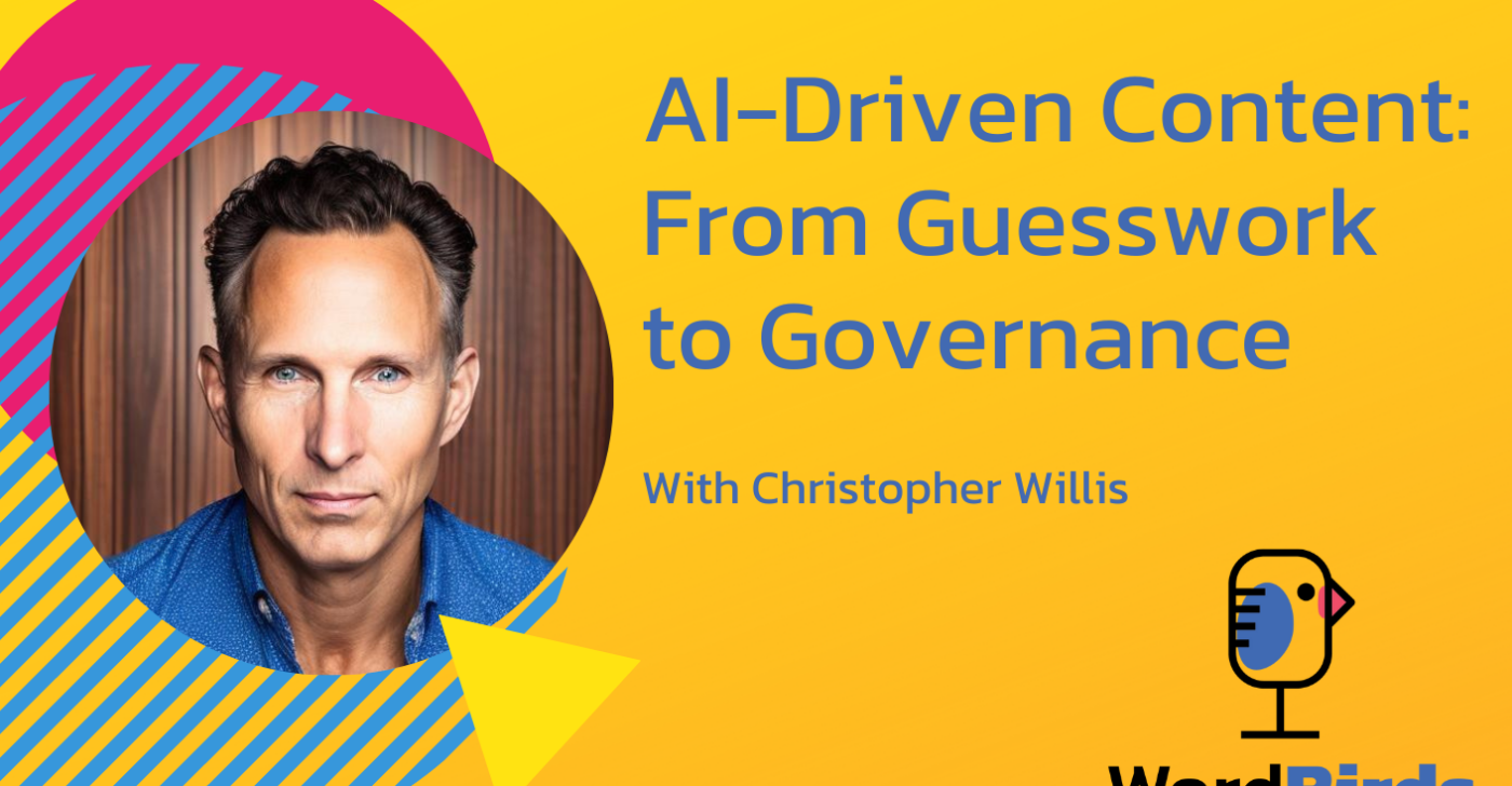 On a yellow background with a headshot of Christopher Willis on the left, the title reads "AI-Driven Content: From Guessword to Governance."