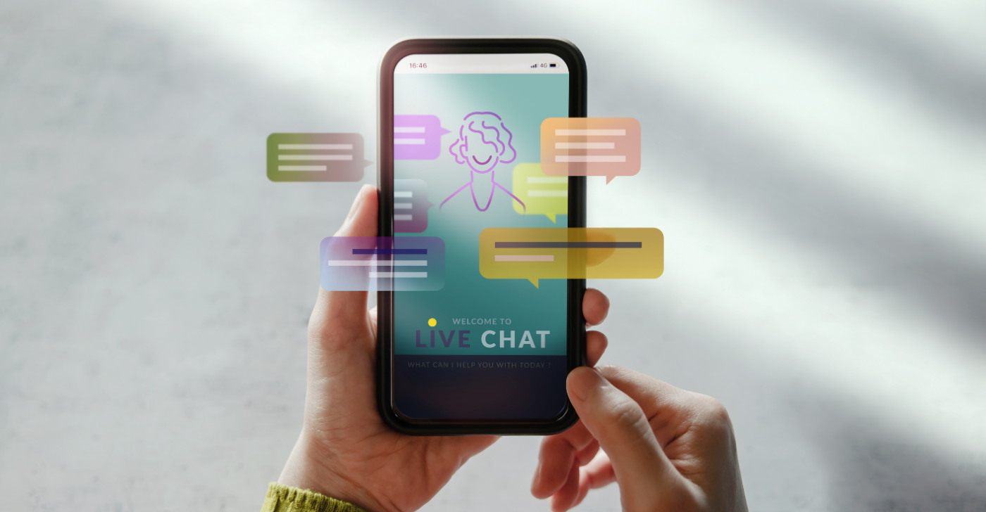 On a grey background is a mobile phone with different colored speech bubbles and a cartoon of a person to symbolize self-service content and its ability to reduce customer support calls.