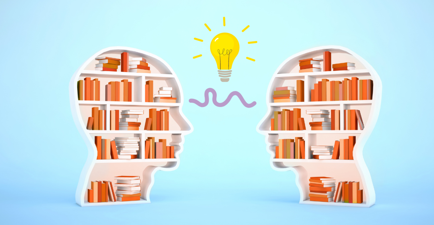 Two head shaped bookcases with books in them facing eachother, with a squiggly line and a light bulb between them symbolising knowledge transfer.