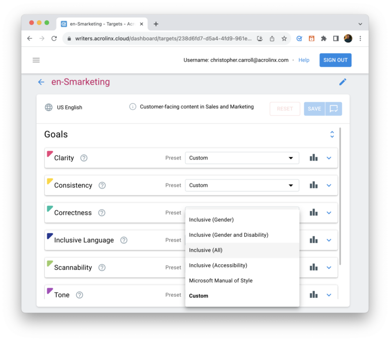 Acrolinx Targets for Inclusive Language: here, you can configure Inclusive Language rules for your writers and editors.