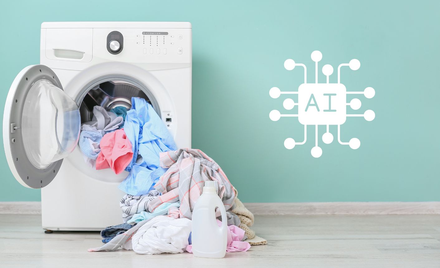 Against a mint green background is a washing machine with clothes tumbling out of it with an AI icon on the right of the image to symbolize AI washing.