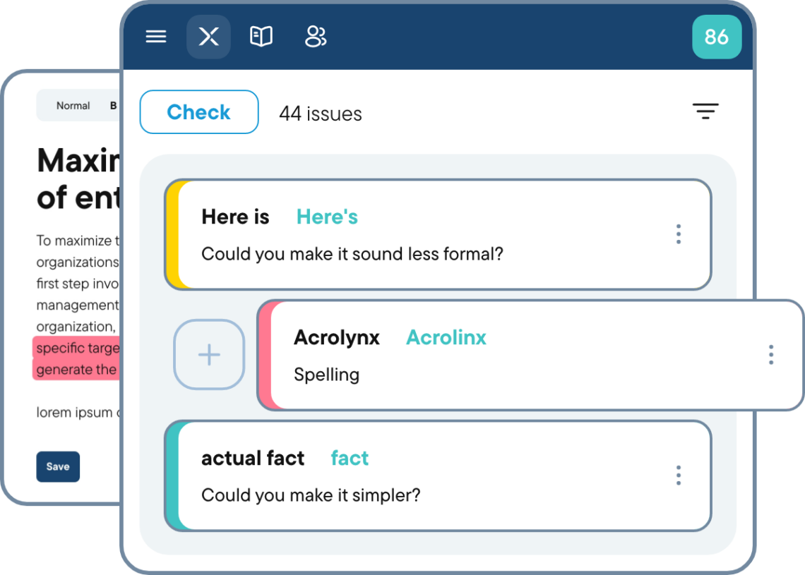 The image shows how the Acrolinx Sidebar provides clickable suggestions in a wide range of content tools, boosting both the content creation process and review process.